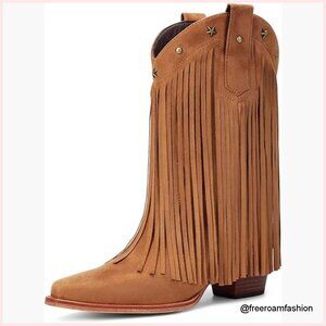 Fringe Cowboy Boots Mid Calf Pointed Toe Chunky Heel Star Studded